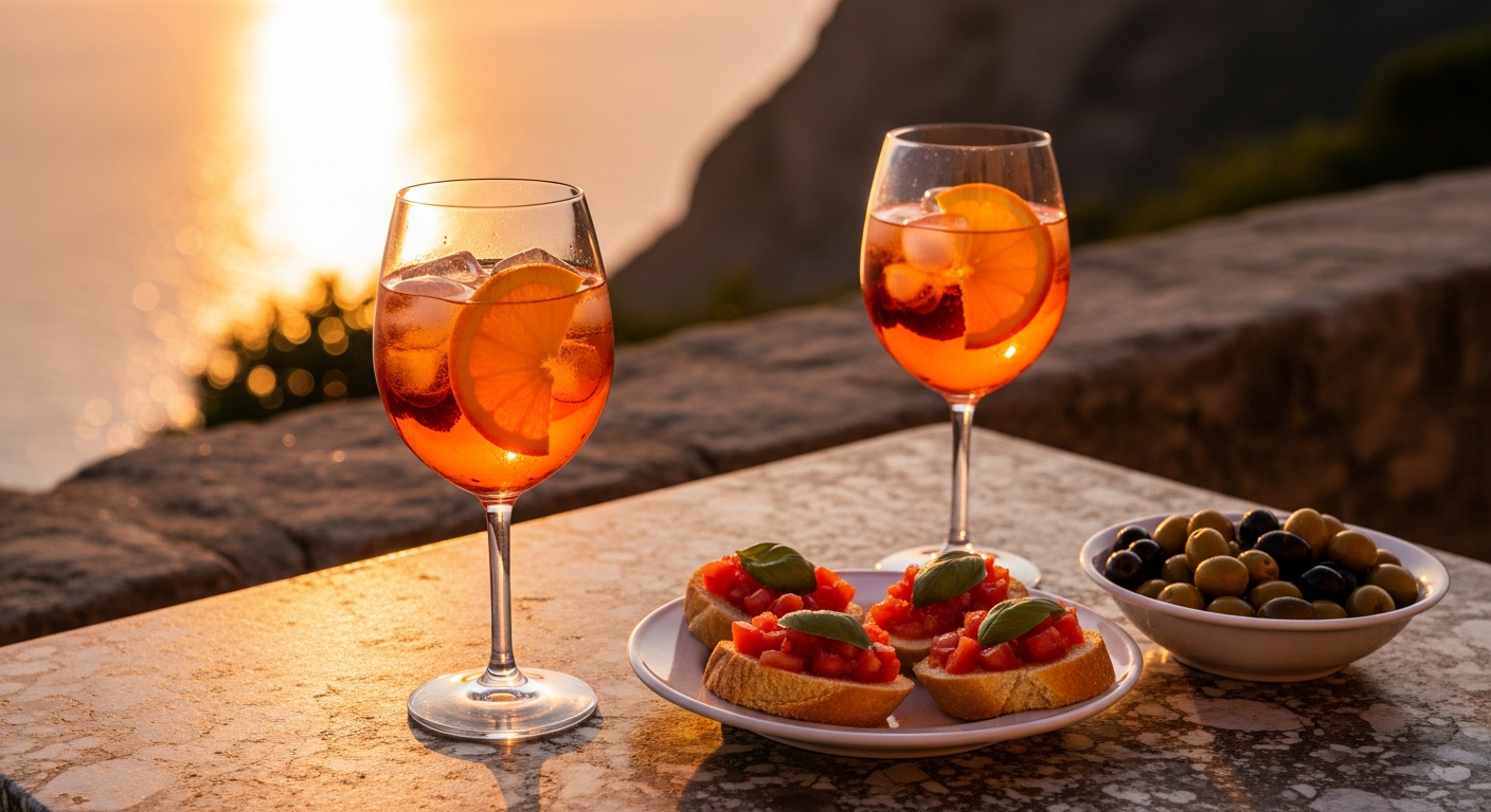 Aperol Spritz and bruschetta on a stone terrace at Mediterranean sunset