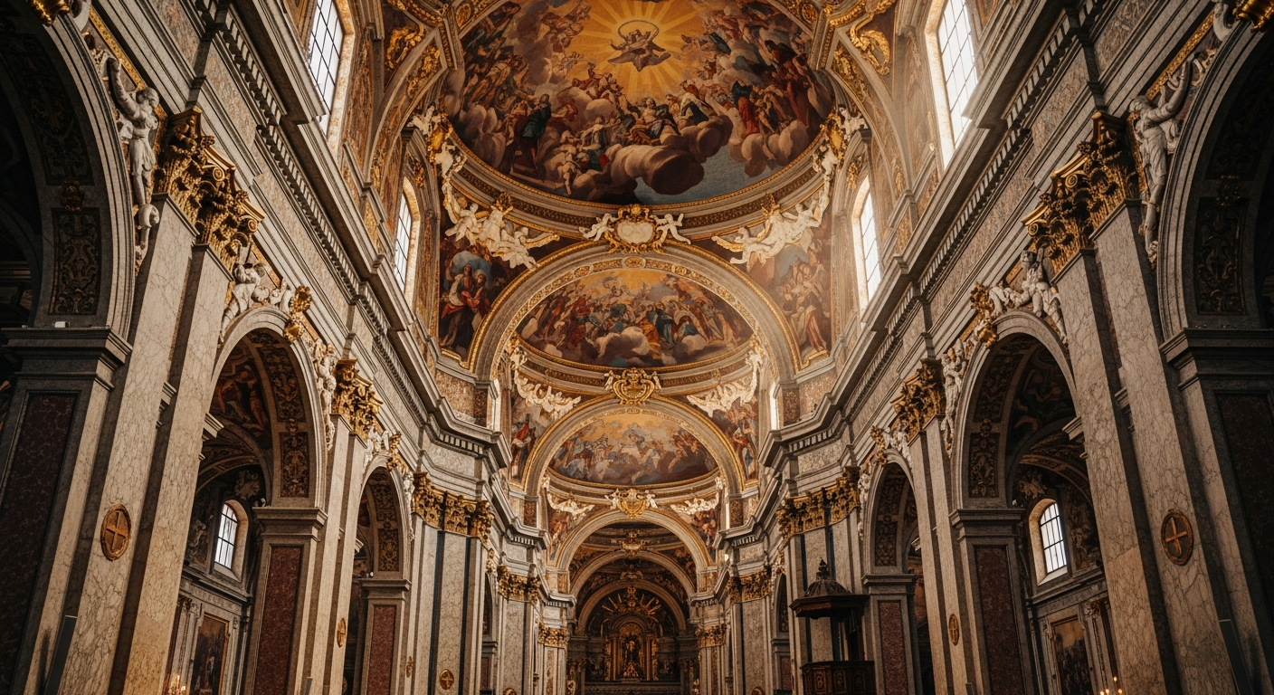 Ornate Sicilian Baroque church interior with golden frescoes