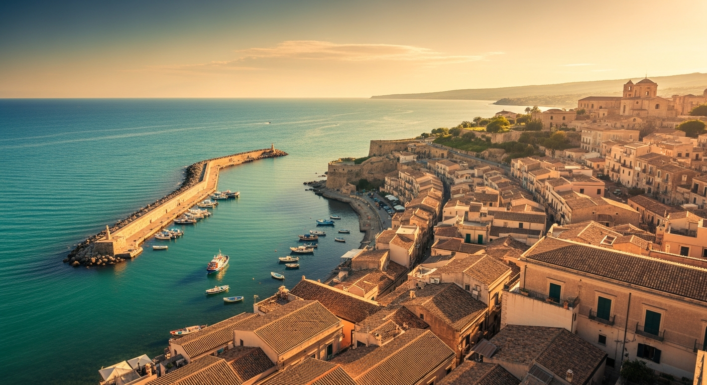 Aerial view of a Sicilian harbor town at golden hour