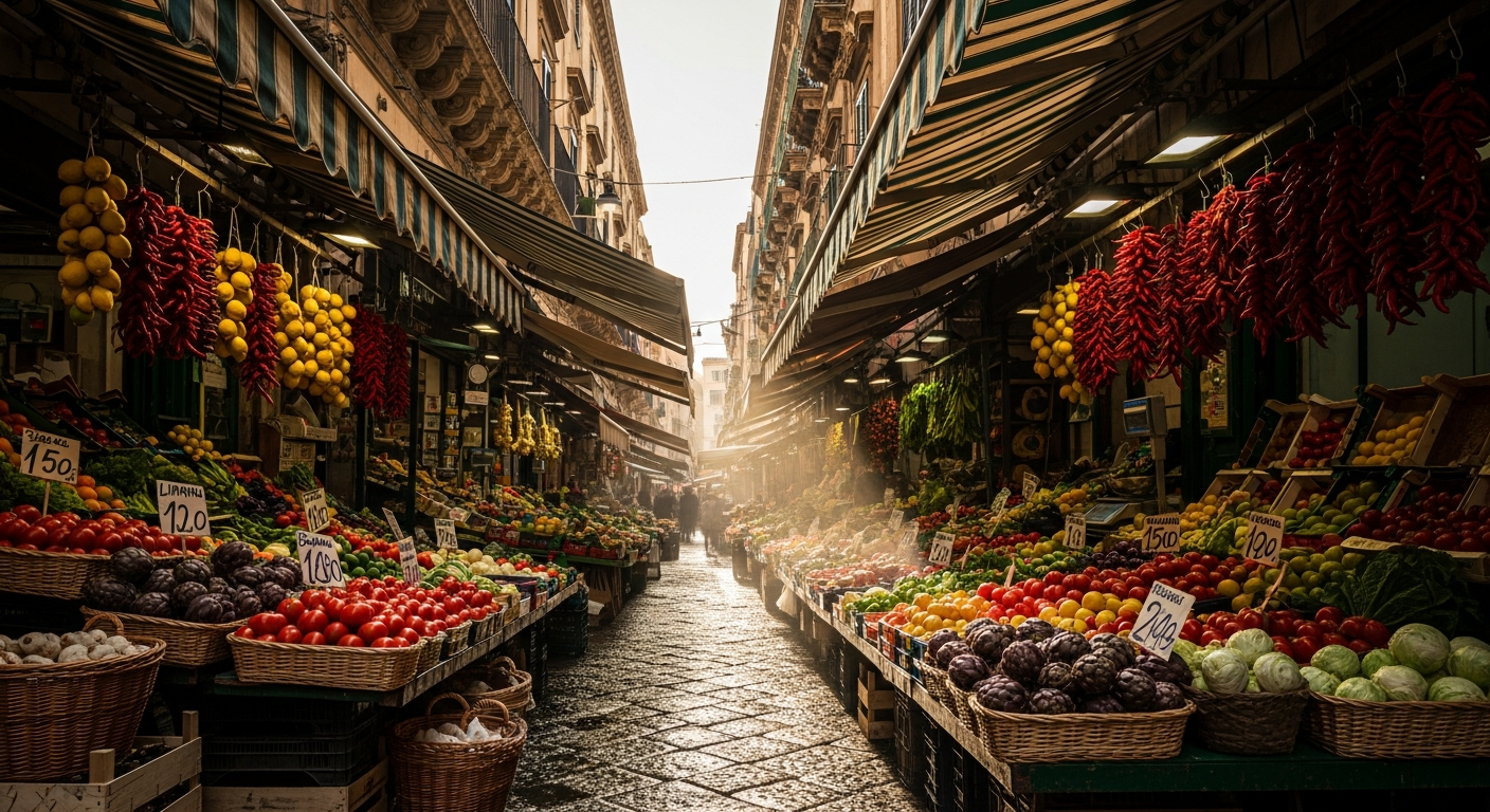 Vibrant Palermo street market with hanging lemons and peppers