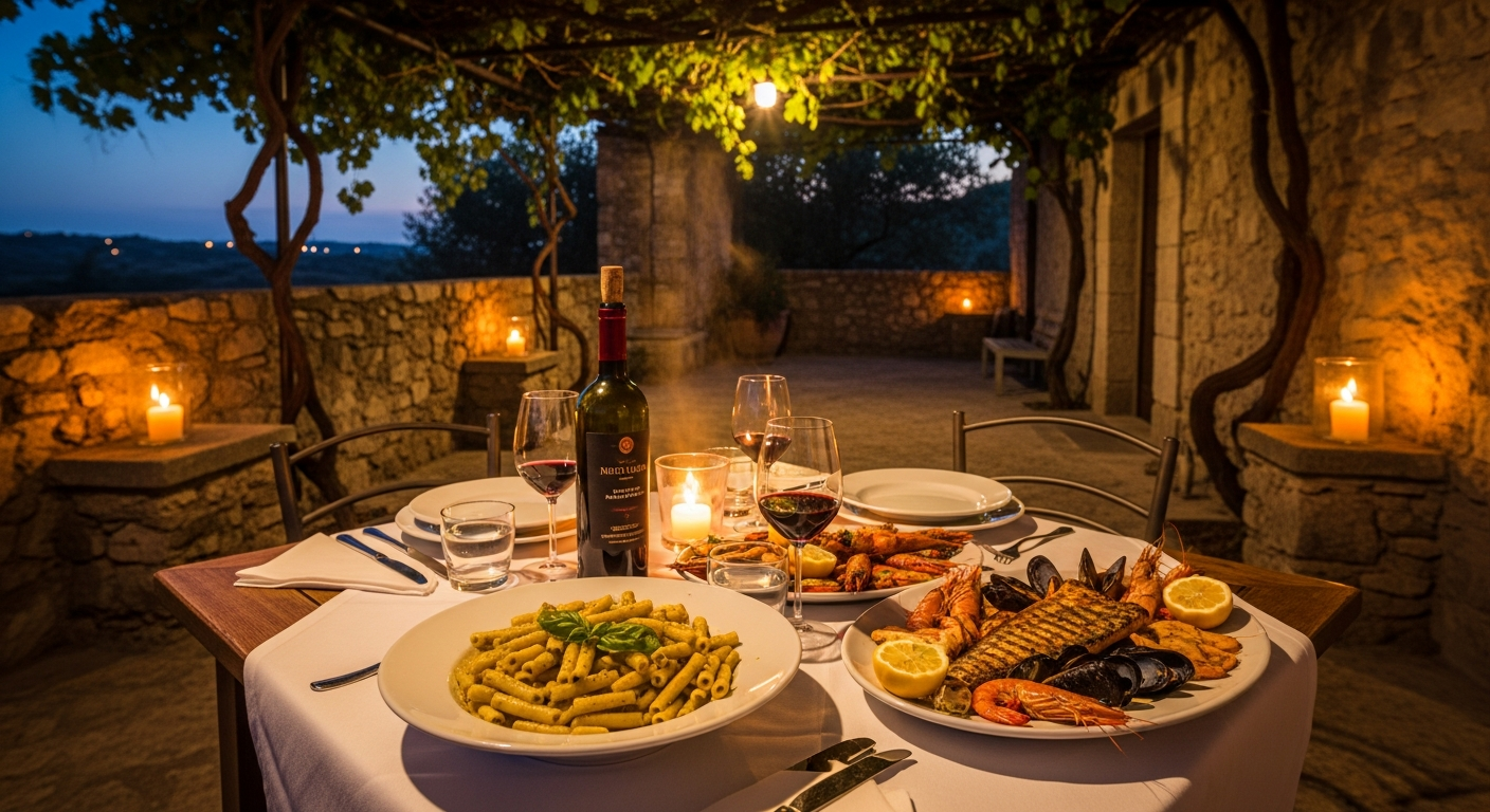 Rustic outdoor dinner table under a grapevine pergola in Sicily